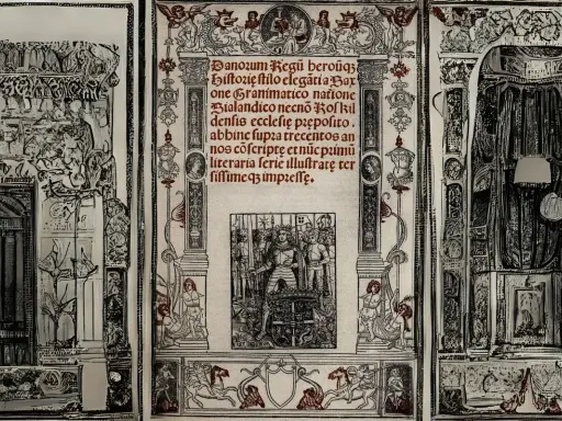 En illustration från Saxo Grammaticus verk, med en kung och riddare i centrum, omgiven av dekorativa element och text.