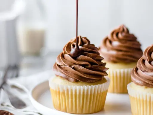 Glaçage onctueux de ganache montée mascarpone sur des cupcakes. Un filet de chocolat coule sur le glaçage.
