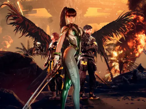 Postapokaliptyczna scena z gry Stellar Blade: bohaterka z mieczem i skrzydłami, obok niej dwójka towarzyszy, w tle płonące ruiny i palmy.