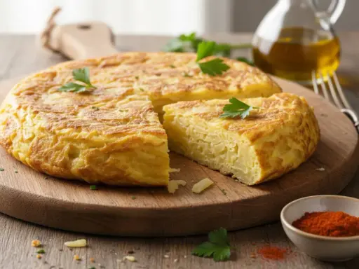Una fetta di frittata di patate dorata e soffice, guarnita con prezzemolo, su un tagliere di legno.