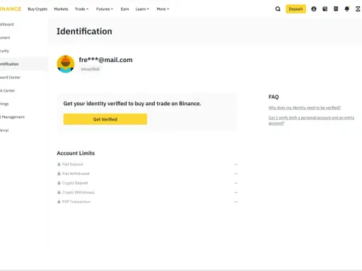 Strona Binance Identification, gdzie użytkownik fre***@mail.com musi przejść weryfikację, aby móc handlować.