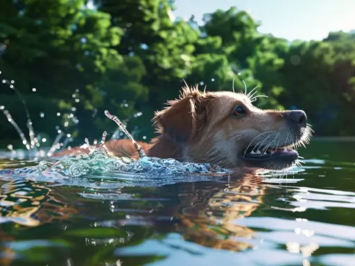 Złoty retriever radośnie pływa w jeziorze, rozpryskując wodę. Czy każdy pies umie pływać? Ten z pewnością tak!