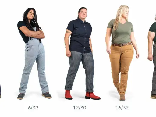 Five women in workwear, showcasing different sizes and styles. One wears size 33 in US jeans.