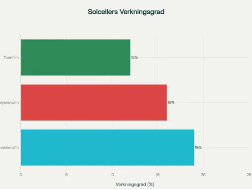 Horisontellt stapeldiagram som visar solcellers verkningsgrad: Tunnfilm 12%, Polykristallin 16%, Monokristallin 19%.