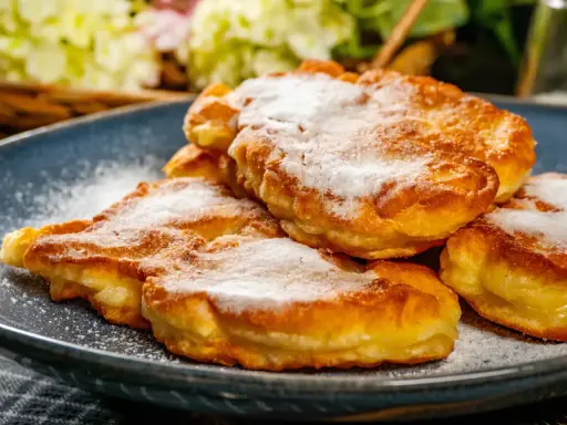 Délicieux Apfelkiechle saupoudrés de sucre glace sur une assiette bleue. Une recette gourmande à essayer !