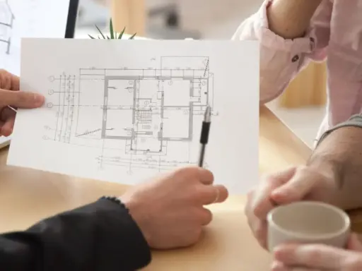 Architekt omawia z klientami projekt domu, wskazując na planowaną powierzchnię netto budynku.