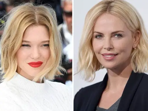 Dos actrices con un blunt bob despuntado rubio. La de la izquierda, con labios rojos, y la de la derecha, con una sonrisa sutil.