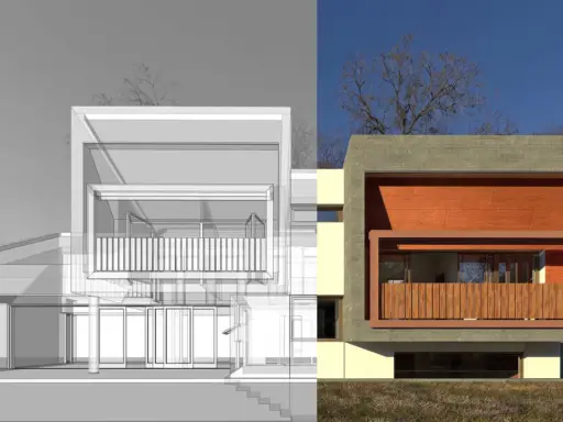 Diseño arquitectónico de una casa moderna, mostrando los pasos a seguir para construirla, desde el boceto hasta la imagen final.