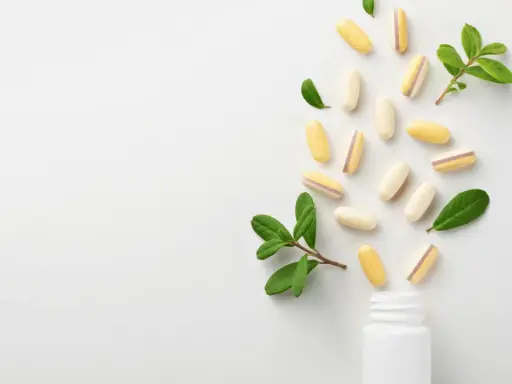 Kapsułki z lactobacillus plantarum rozsypują się z białej buteleczki, otoczone zielonymi listkami.