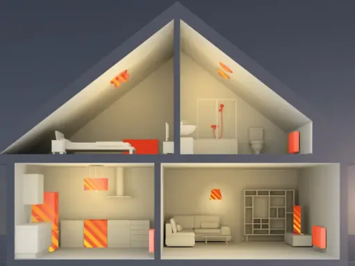 Schnitt durch ein Haus mit Heizkörpern und Lüftungsschlitzen, die Wärme symbolisieren. Dies zeigt eine energieeffiziente Bauweise.