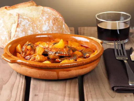 Un plato de all i pebre, con pan rústico y vino tinto, listo para disfrutar.
