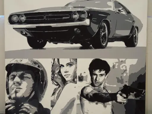 Pop arts: Ein Dodge Challenger und drei Figuren, ein Mann mit Helm, eine Frau mit blauen Augen und ein Mann mit Waffe, im Stil von Pop Art.