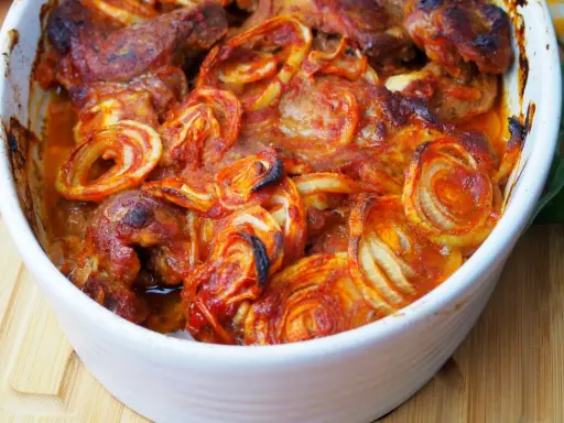 Karkówka pieczona w plastrach z cebulą i ketchupem, zapiekana w naczyniu.