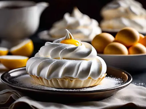 Tartelette garnie d'une généreuse meringue italienne, surmontée d'une touche de jaune d'œuf. Des citrons et des œufs sont disposés en arrière-plan.