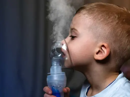 Chłopiec z maską inhalacyjną na twarzy, wdycha parę. Skuteczna inhalacja na katar u dziecka.
