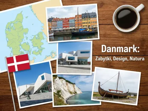 Kawa i Danii: ciekawostki o zabytkach, designie i naturze. Mapa, flaga, kolorowe kamienice, nowoczesne budynki, klify i łódź wikingów.