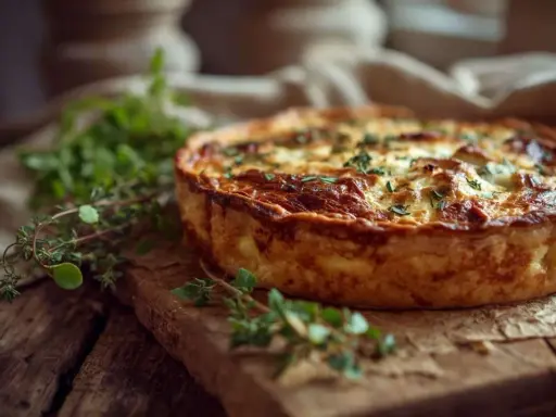 Une quiche dorée, spécialité culinaire du Grand Est, garnie d'herbes fraîches, sur une planche en bois rustique.