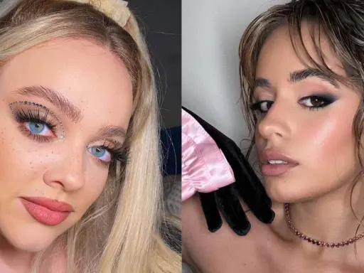 Dos looks de maquillaje: uno con delineados aesthetic de pedrería y otro con un ahumado oscuro y labios rosados.