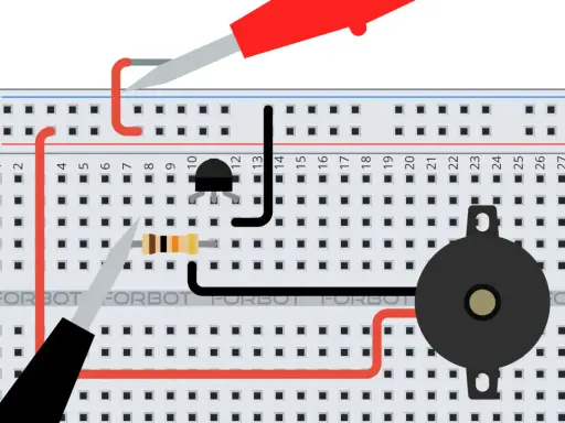 Układ na płytce stykowej z tranzystorem mosfet asg, rezystorem i brzęczykiem.