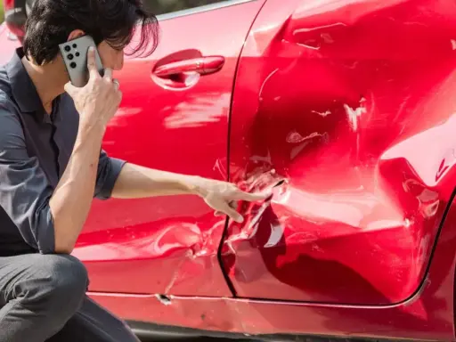 Hombre llama por teléfono señalando el grave golpe en la puerta de su coche rojo.