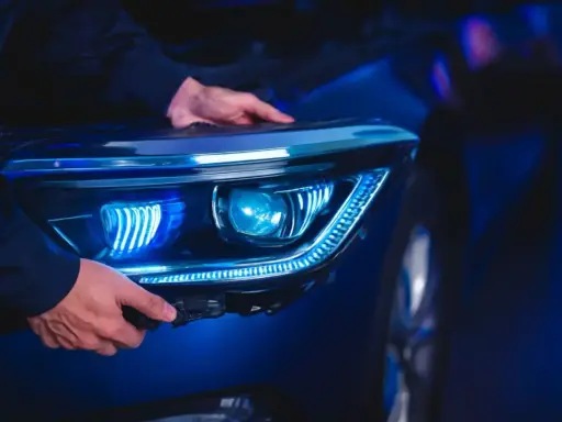 Man installing a modern LED headlight assembly, upgrading from halogen.
