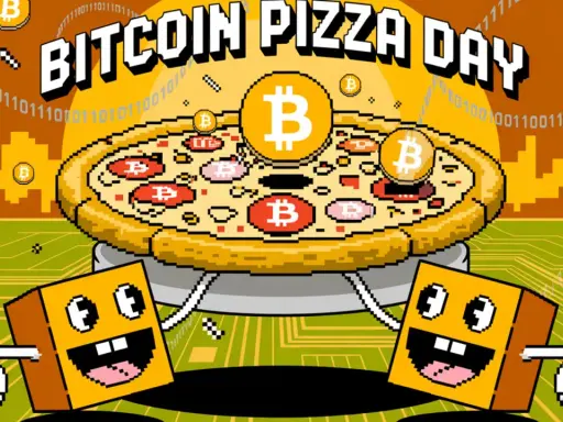 Dwie postacie w kształcie pudełka z uśmiechem świętują Dzień Pizzy Bitcoin. Na pizzy widnieją symbole Bitcoin, nawiązując do historii Laszlo Hanyecz.