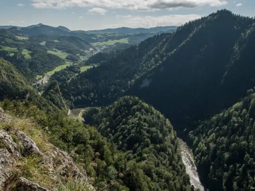 Widok z góry na dolinę rzeki i zalesione wzgórza. W oddali widać zabudowania. To piękny krajobraz, idealny na wędrówkę szlakiem sokolica.