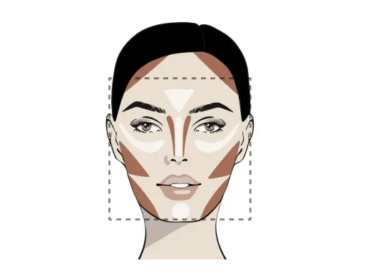 Ilustración de rostro femenino con contorno y luces, mostrando que es visagismo para realzar facciones.