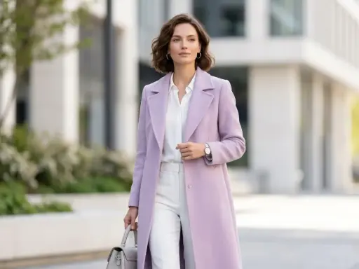 Elegancka kobieta w płaszczu w kolorze liliowym, który jest delikatnym odcieniem fioletu z nutą różu, idzie ulicą.