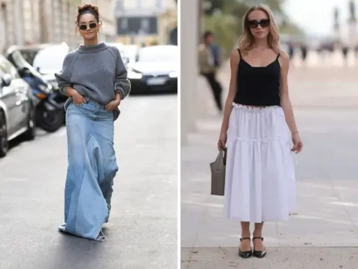 Kobiety prezentują różne stylizacje, pokazując, jakie buty do długiej spódnicy pasują. Jedna w jeansowej maxi, druga w zwiewnej białej.