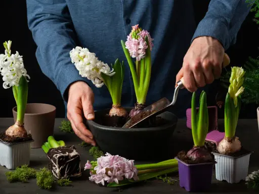 Händer planterar doftande hyacinter i rabatten. Vita, rosa och ljusgula blommor förbereds för våren.