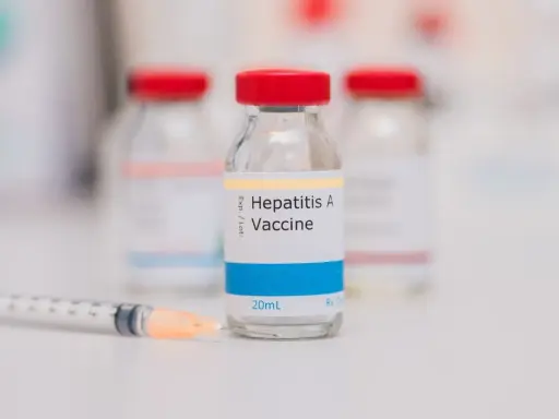 En spruta ligger framför en flaska med Havrix vaccin mot Hepatit A.