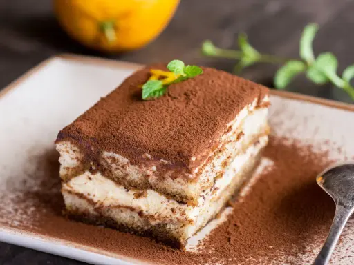Pyszne tiramisu na biszkopcie, posypane kakao, z miętą i skórką pomarańczy. Obok łyżeczka i pomarańcza.