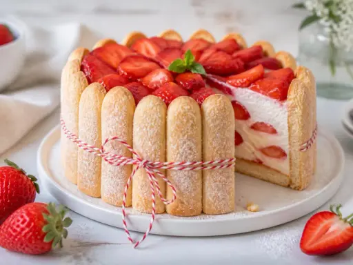 Eine köstliche Erdbeer Charlotte, umhüllt von Löffelbiskuits und dekoriert mit frischen Erdbeeren und Minze.