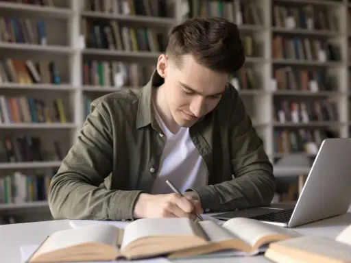 Młody mężczyzna w bibliotece pochyla się nad książkami i laptopem, pisząc notatki. Zastanawia się, czy technikum wlicza się do stażu pracy do emerytury.