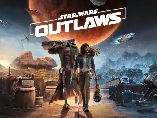 Kay Vess i Nix przemierzają galaktykę w grze Star Wars Outlaws, z ogromną planetą w tle i statkami kosmicznymi na niebie.