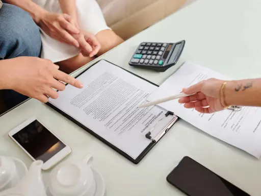 Des mains examinent un contrat de bail verbal, avec un téléphone, une calculatrice et une théière à proximité.