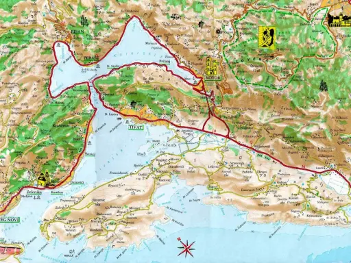 Zatoka Kotorska mapa: szczegółowy plan z zaznaczonymi miastami, drogami i punktami widokowymi.