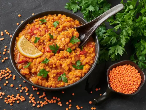 Rote Linsensuppe mit Zitrone und Petersilie – ein Gericht, das satt macht und wenig Kalorien hat.