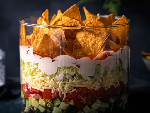 Schichtsalat im Glas: knackige Gurken, Tomaten, Käse, Salat, cremige Soße und Tortilla-Chips. Ein köstlicher nacho salat.