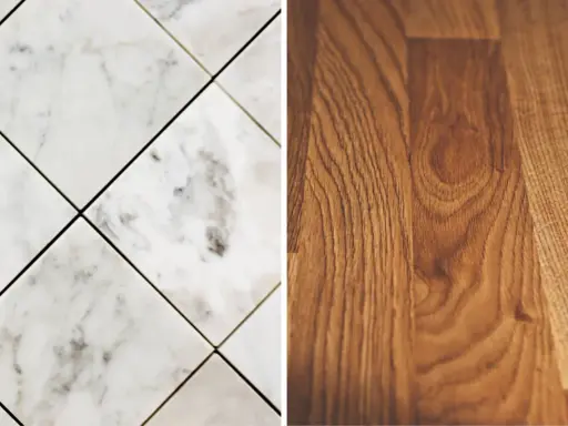 Comparación de un suelo laminado de madera con un suelo de mármol.