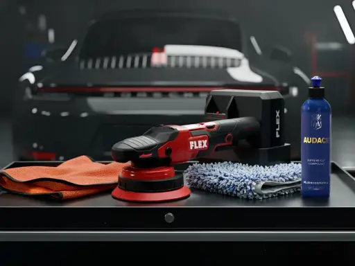 Polerka, mikrofibry i preparat Audace – wszystko, co potrzebne do profesjonalnego auto detailing.