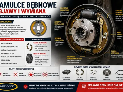 Hamulce bębnowe lub szczękowe: objawy zużycia, wymiana i zasada działania. Ilustracja przedstawia budowę i elementy układu hamulcowego.