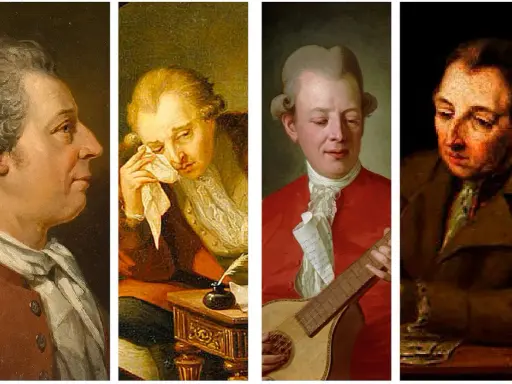 Fyra porträtt av Carl Michael Bellman. En gråter, en spelar luta, en skriver.