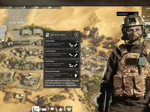 Gracz zarządza bazą wojskową w grze strategicznej, przygotowując się do **desert operations**. Widok obejmuje mapę z budynkami i jednostkami oraz interfejs zarządzania produkcją.