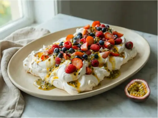 En stor pavlova bakelse med vispgrädde, färska bär och passionsfruktssås.