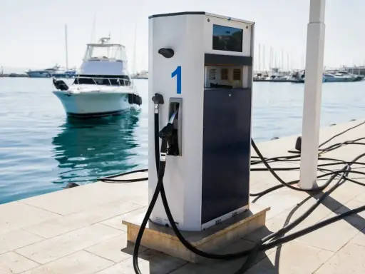 Borne de recharge pour bateaux, avec un tuyau prêt à l'emploi. L'eau bleue et les voiliers en arrière-plan rappellent que l'essence trop vieille n'est pas une option ici.