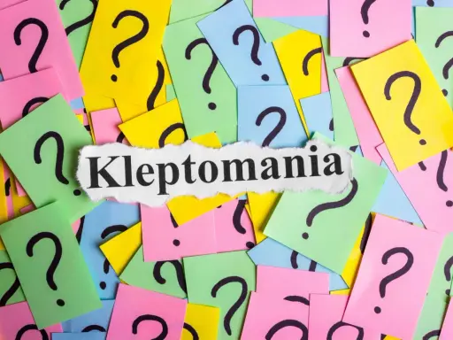 Pytajniki na kolorowych kartkach, a pośrodku wycinek z napisem "Kleptomania". Czy to pytanie o problem, czy jego objaw?