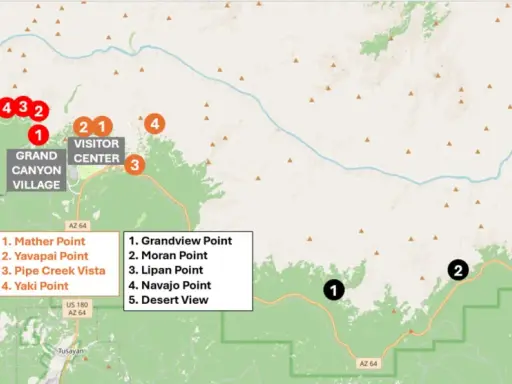 Mapa punktów widokowych w Wielkim Kanionie, z zaznaczonymi miejscami jak Grand Canyon Village i Visitor Center.