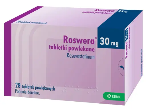 Opakowanie leku Roswera 30 mg, zawierające 28 tabletek powlekanych. Przed zastosowaniem należy zapoznać się z ulotką dotyczącą roswera skutki uboczne.